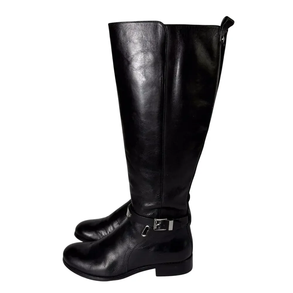 Michael Kors Arley Tall Boots Womens 6.5 Black Leather Equestrian Flat Knee High